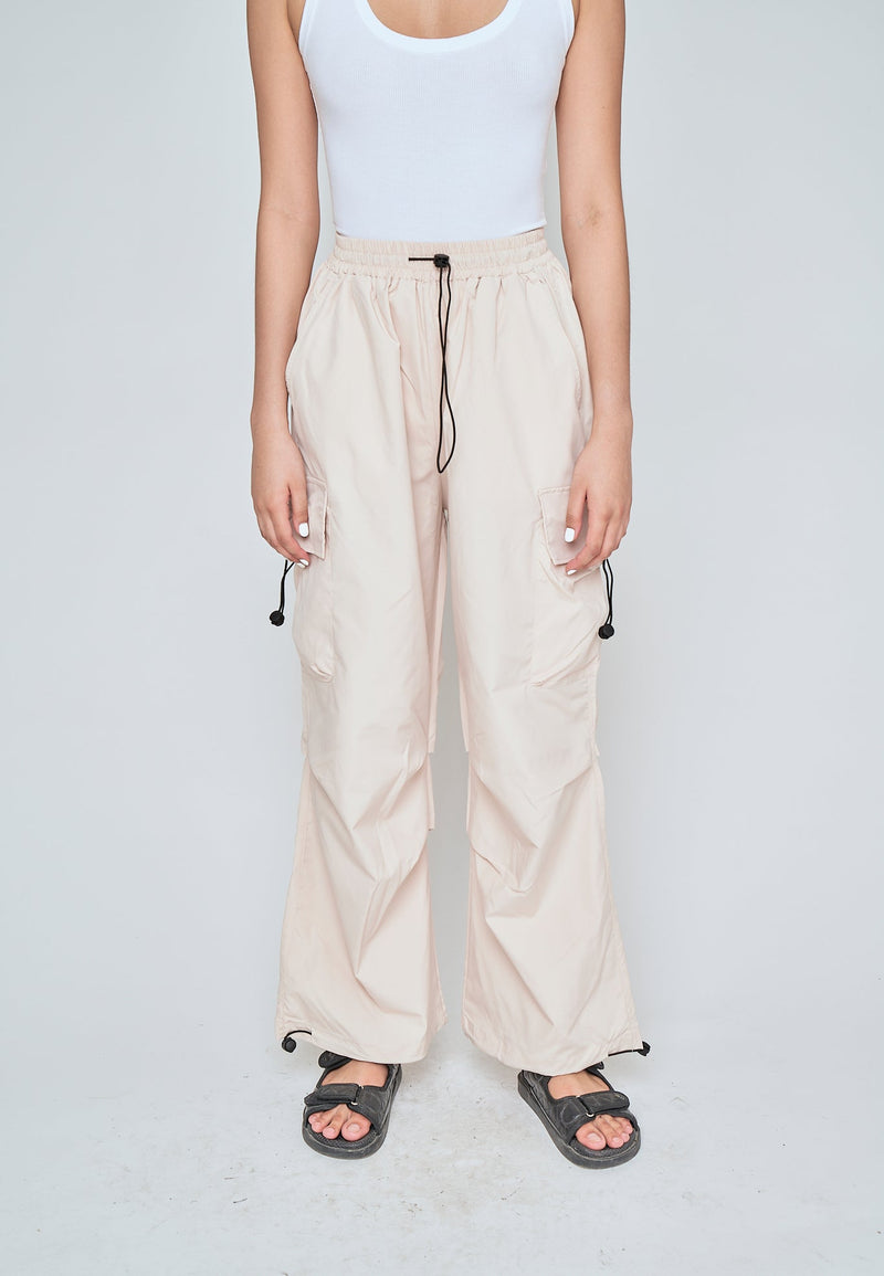 Andric Beige Elastic Waist Mult-Pockets Adjustable Hem Cargo Pants