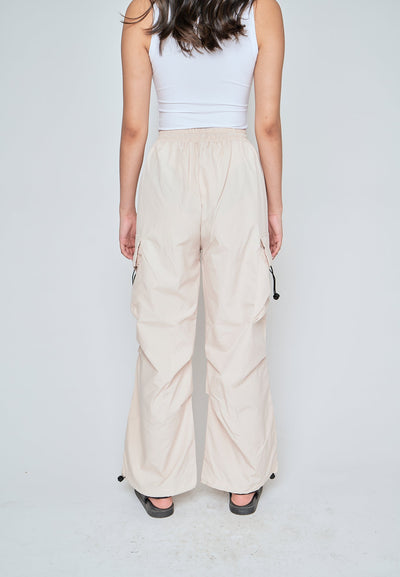 Andric Beige Elastic Waist Mult-Pockets Adjustable Hem Cargo Pants