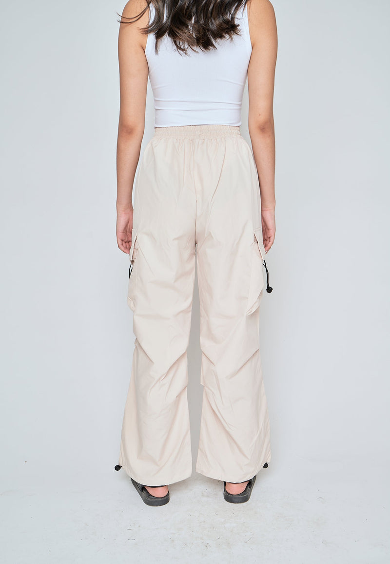 Andric Beige Elastic Waist Mult-Pockets Adjustable Hem Cargo Pants