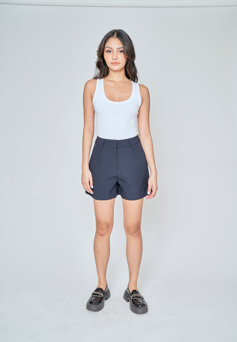 Zeline Navy Blue Zipper Fly Pleated Casual Shorts with Belt