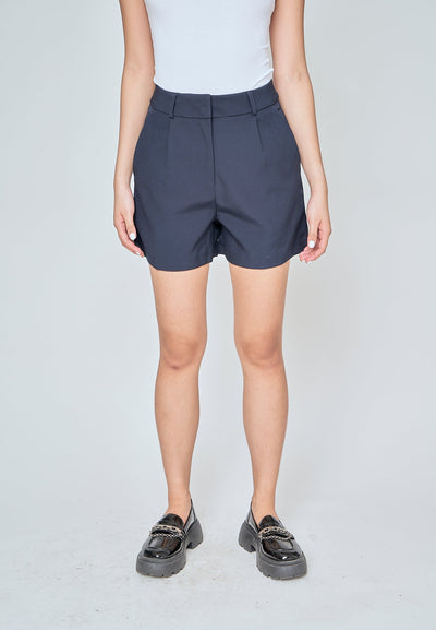 Zeline Navy Blue Zipper Fly Pleated Casual Shorts with Belt