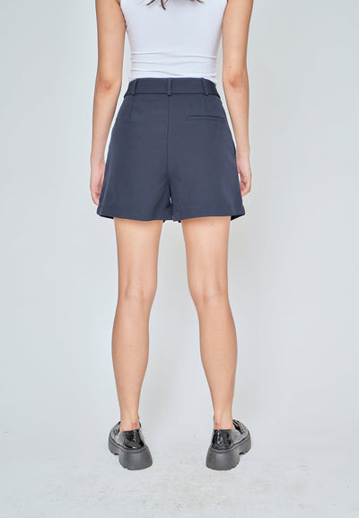 Zeline Navy Blue Zipper Fly Pleated Casual Shorts with Belt