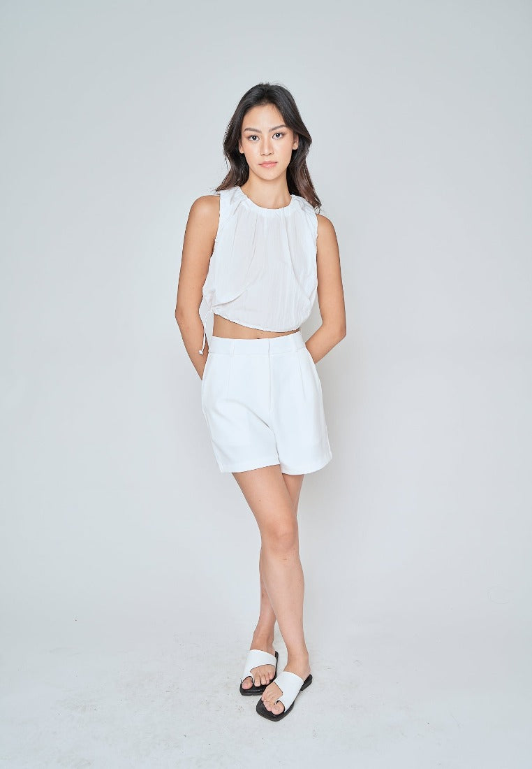 Alette White Round Neck Sleeveless Adjustable Waist Top