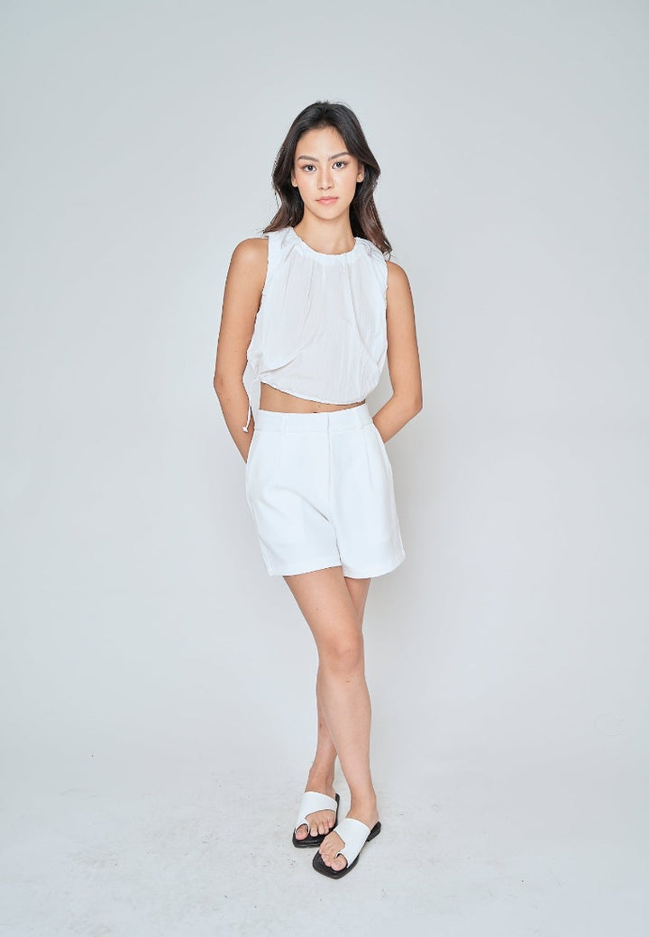 Alette White Round Neck Sleeveless Adjustable Waist Top