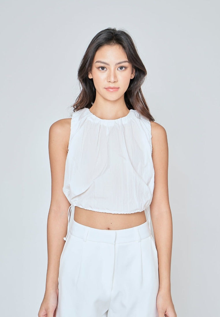 Alette White Round Neck Sleeveless Adjustable Waist Top