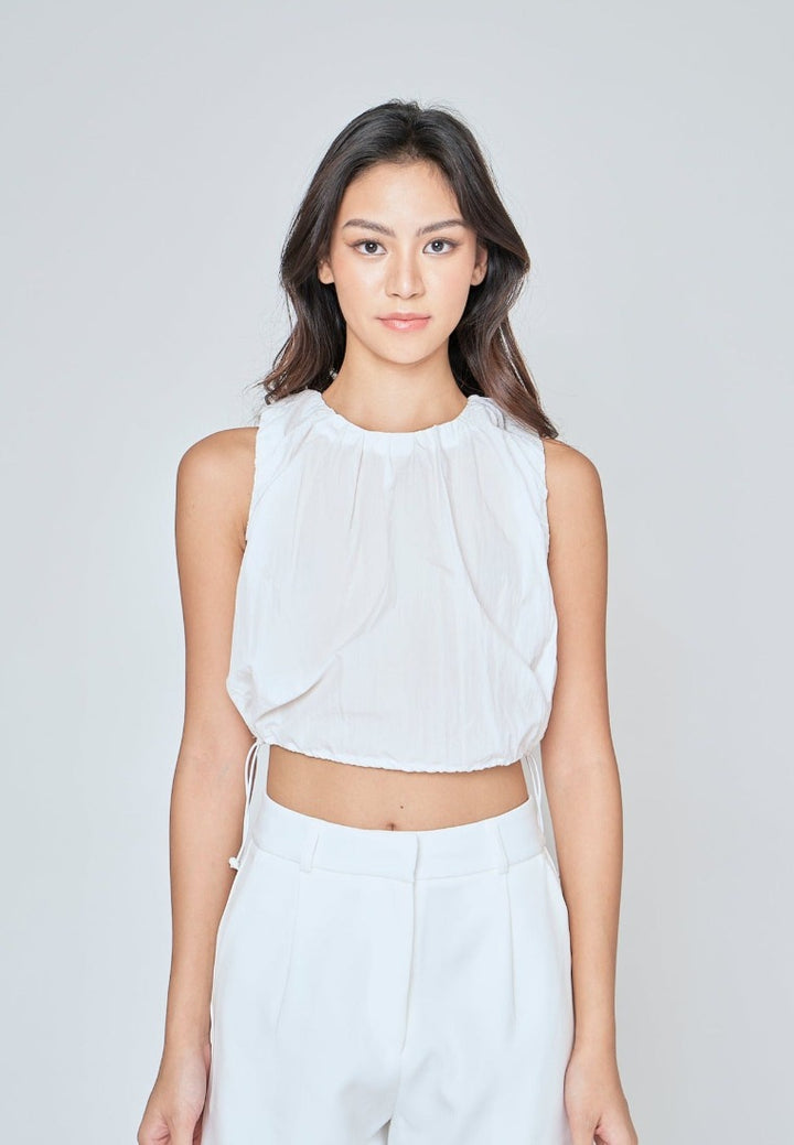 Alette White Round Neck Sleeveless Adjustable Waist Top
