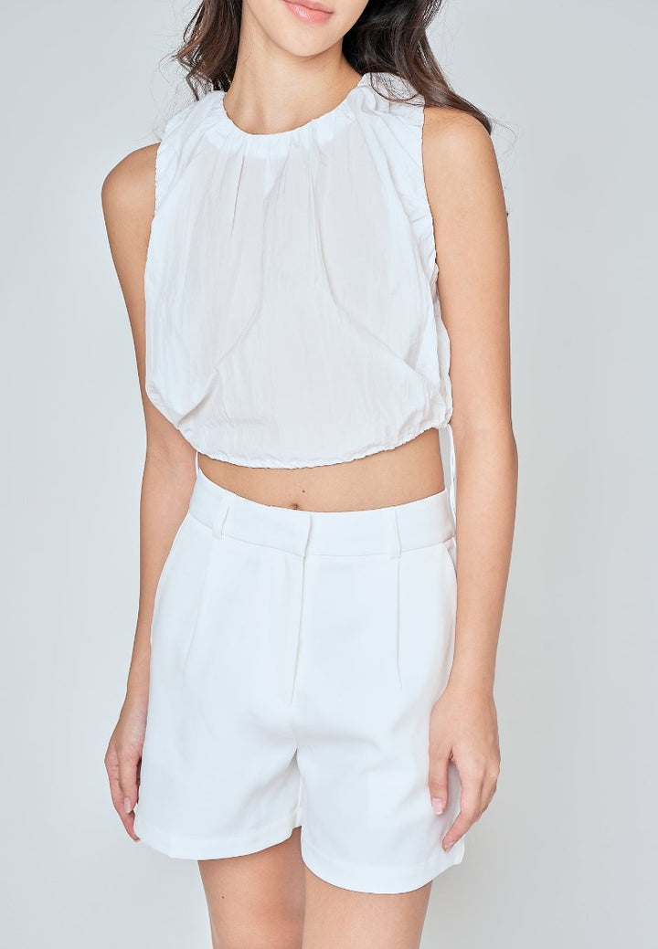 Alette White Round Neck Sleeveless Adjustable Waist Top