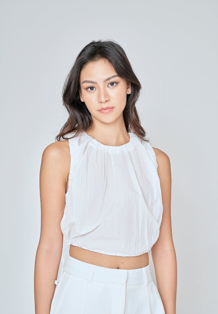 Alette White Round Neck Sleeveless Adjustable Waist Top