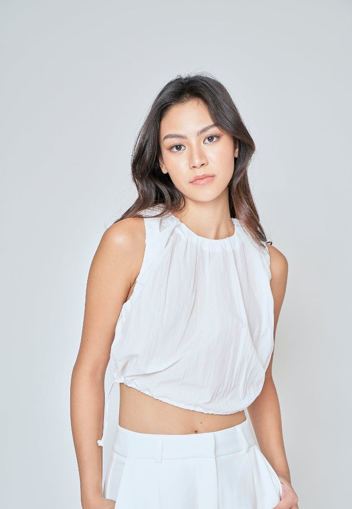 Alette White Round Neck Sleeveless Adjustable Waist Top