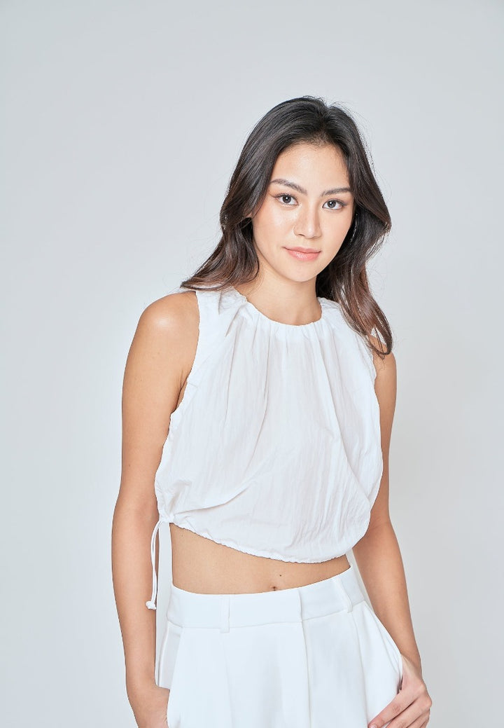 Alette White Round Neck Sleeveless Adjustable Waist Top