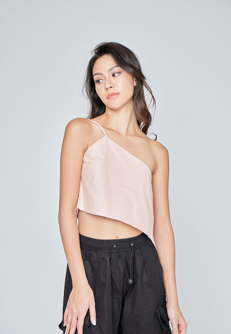 Arren Pink Linen Assymetric Neckline Self Tie Straps Sleeveless Top