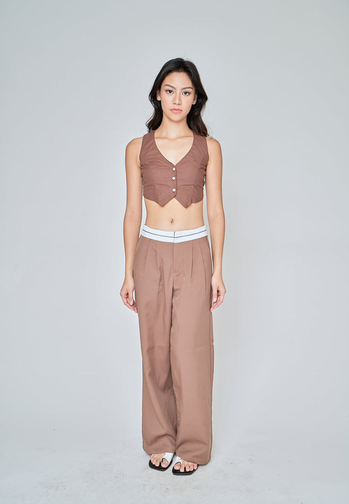 Jorren Brown Zipper Fly White Waistline Pleated Staright Cut Trouser