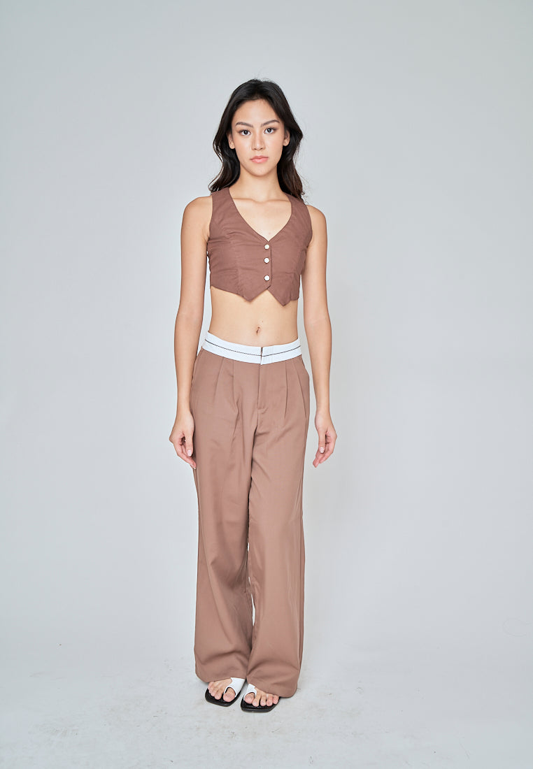 Jiji Brown Linen V Neck Collared Button Sleeveless Open Back Top