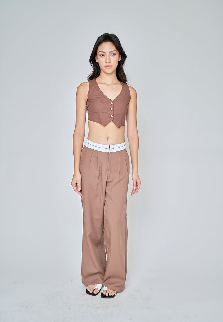 Jiji Brown Linen V Neck Collared Button Sleeveless Open Back Top