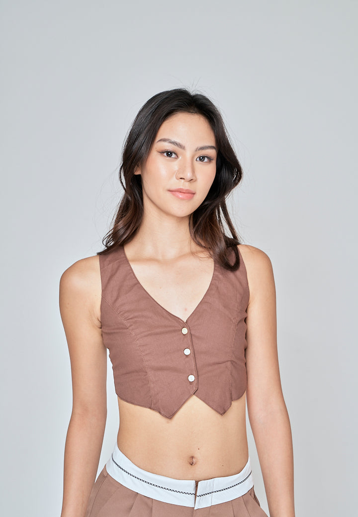 Jiji Brown Linen V Neck Collared Button Sleeveless Open Back Top