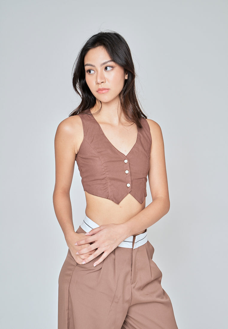 Jiji Brown Linen V Neck Collared Button Sleeveless Open Back Top