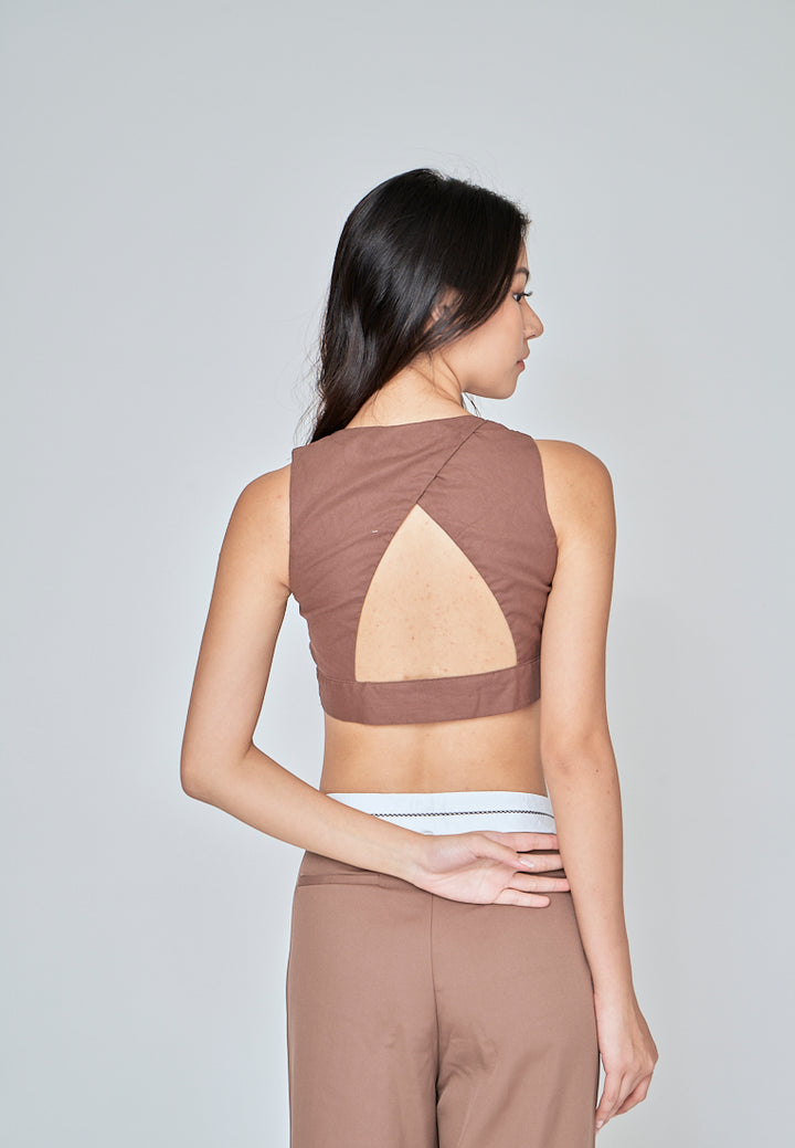 Jiji Brown Linen V Neck Collared Button Sleeveless Open Back Top