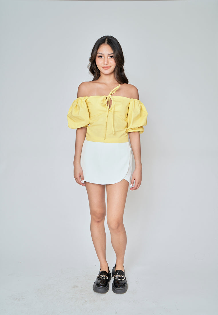 Fukuo Yellow Linen Neck Strap Smock Back Short Sleeves Top