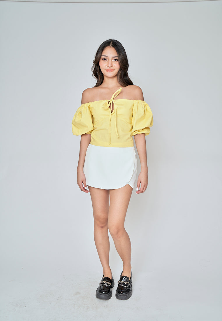 Fukuo Yellow Linen Neck Strap Smock Back Short Sleeves Top