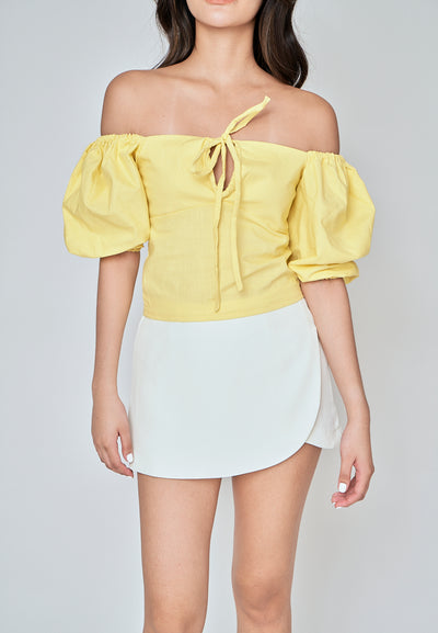 Fukuo Yellow Linen Neck Strap Smock Back Short Sleeves Top
