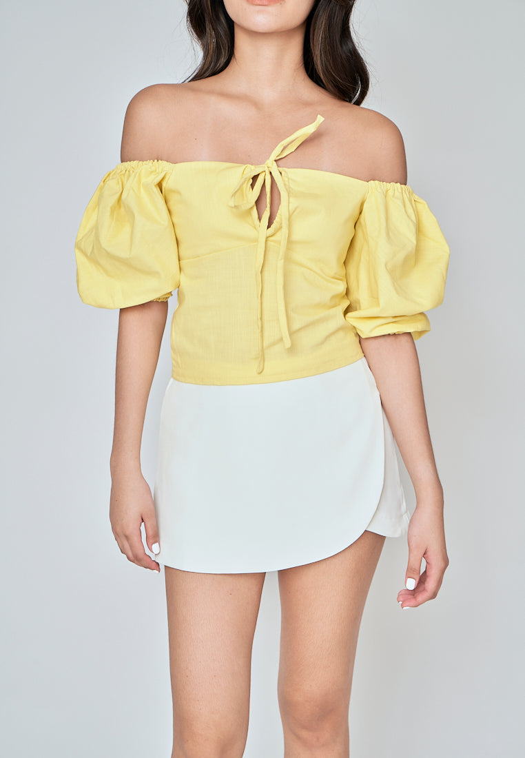 Fukuo Yellow Linen Neck Strap Smock Back Short Sleeves Top