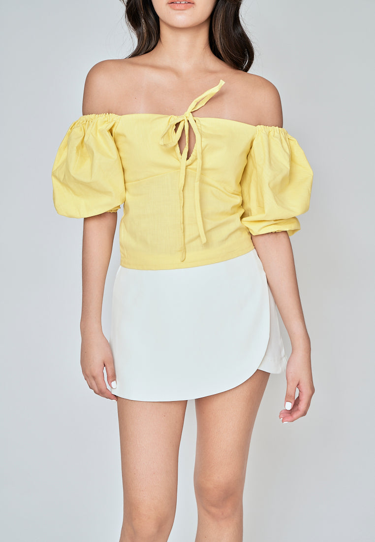 Fukuo Yellow Linen Neck Strap Smock Back Short Sleeves Top