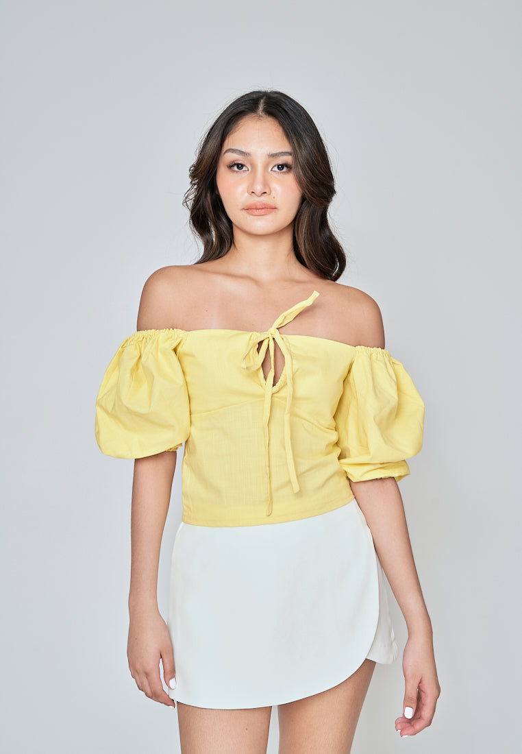 Fukuo Yellow Linen Neck Strap Smock Back Short Sleeves Top