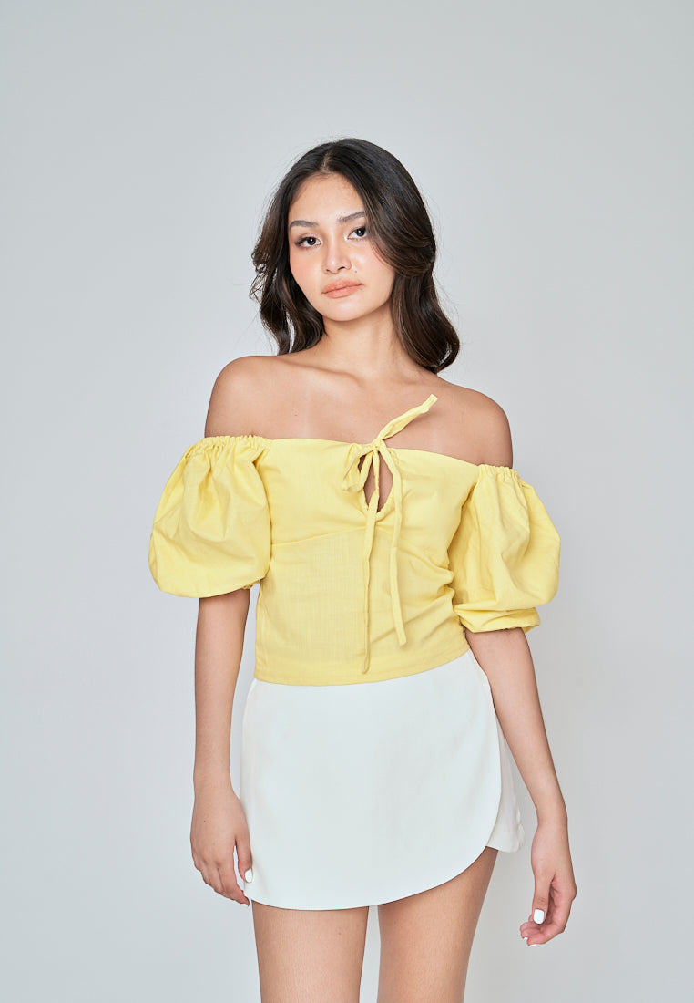Fukuo Yellow Linen Neck Strap Smock Back Short Sleeves Top