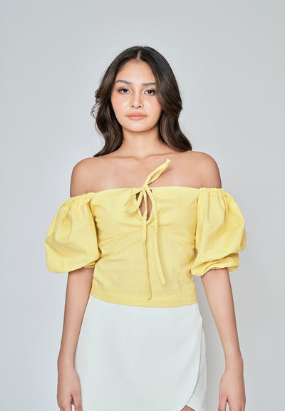 Fukuo Yellow Linen Neck Strap Smock Back Short Sleeves Top