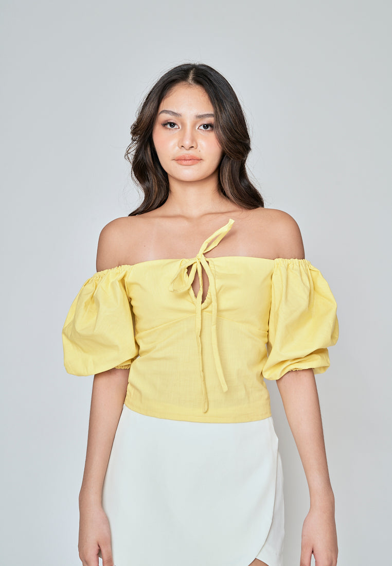 Fukuo Yellow Linen Neck Strap Smock Back Short Sleeves Top