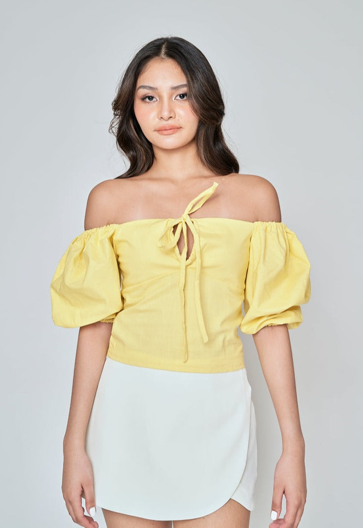 Fukuo Yellow Linen Neck Strap Smock Back Short Sleeves Top