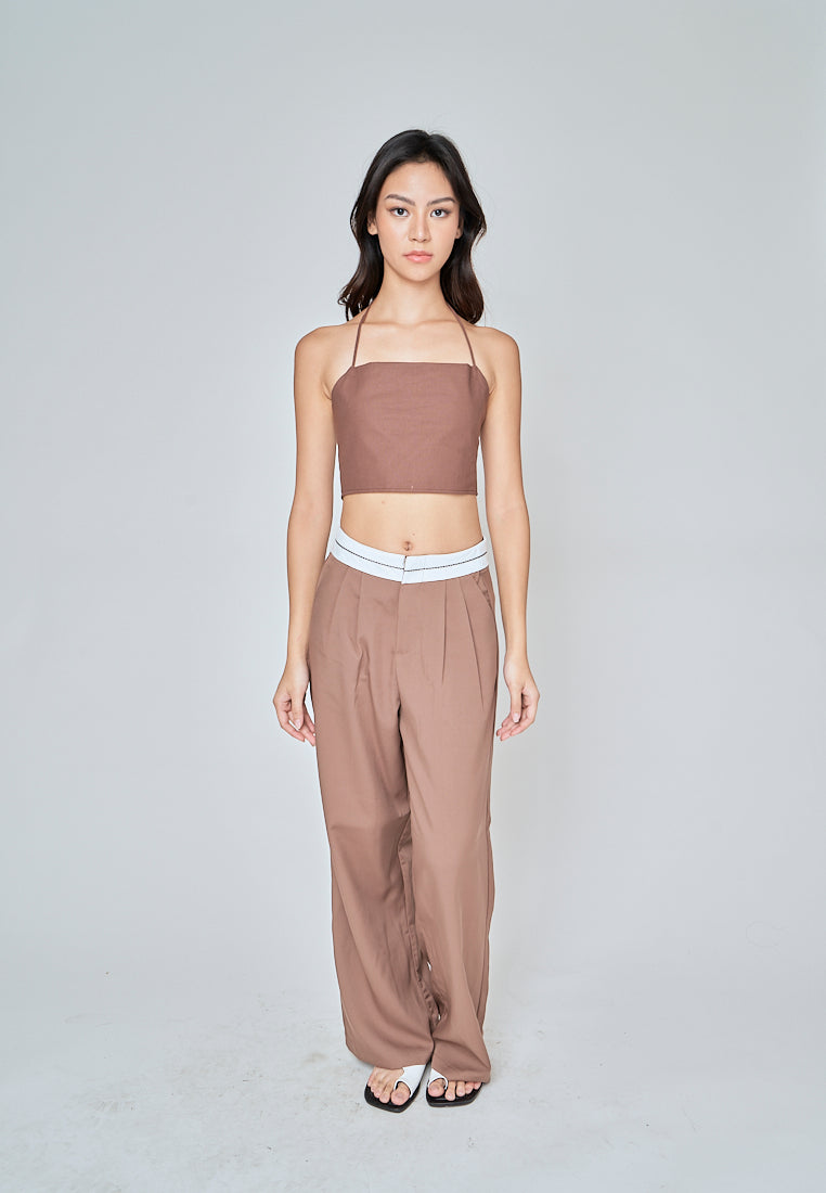 Fumi Brown Linen Sleeveless Self Tie Strap Zipper Back Top