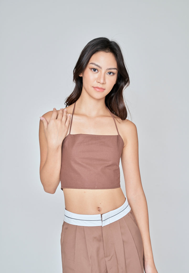 Fumi Brown Linen Sleeveless Self Tie Strap Zipper Back Top