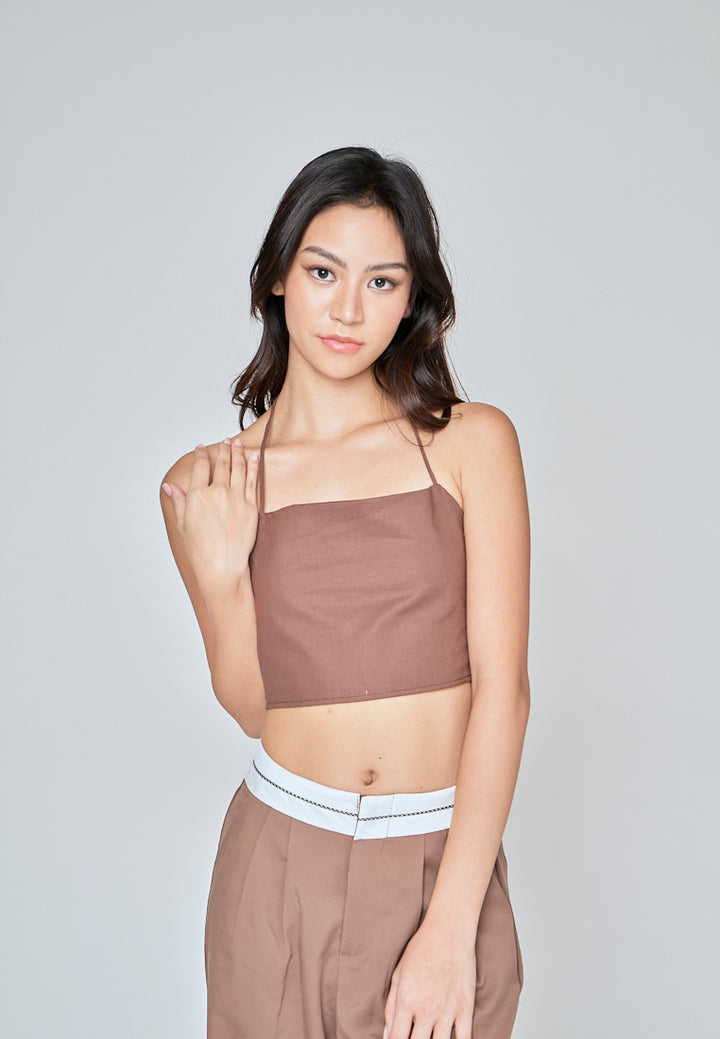 Fumi Brown Linen Sleeveless Self Tie Strap Zipper Back Top