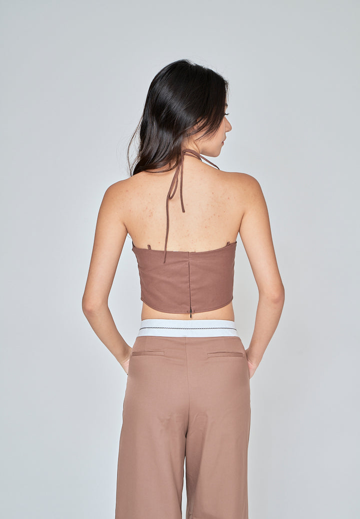 Fumi Brown Linen Sleeveless Self Tie Strap Zipper Back Top