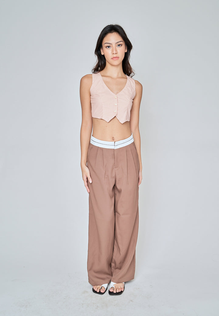 Jiji Pink Linen V Neck Collared Button Sleeveless Open Back Top