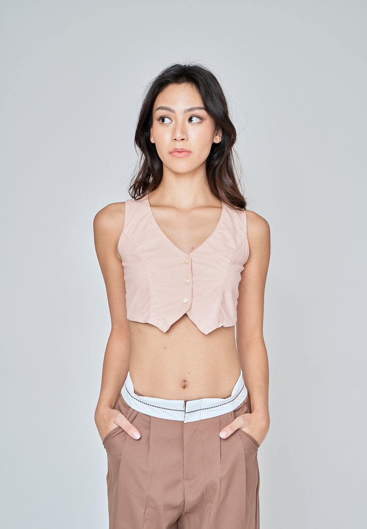 Jiji Pink Linen V Neck Collared Button Sleeveless Open Back Top