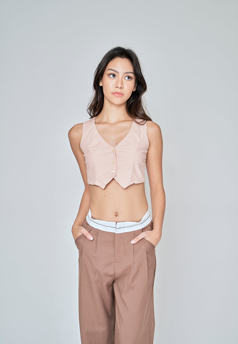 Jiji Pink Linen V Neck Collared Button Sleeveless Open Back Top