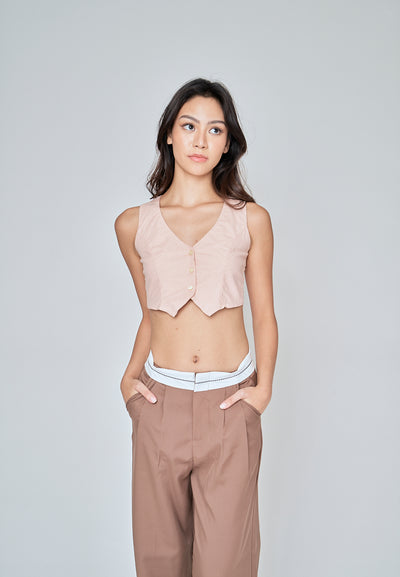Jiji Pink Linen V Neck Collared Button Sleeveless Open Back Top