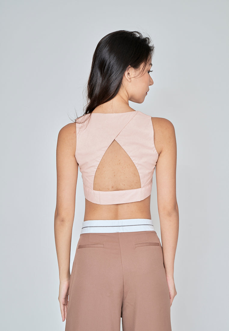 Jiji Pink Linen V Neck Collared Button Sleeveless Open Back Top