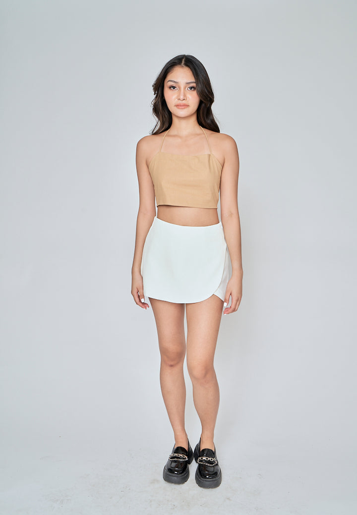 Fumi Light Brown Linen Sleeveless Self Tie Strap Zipper Back Top