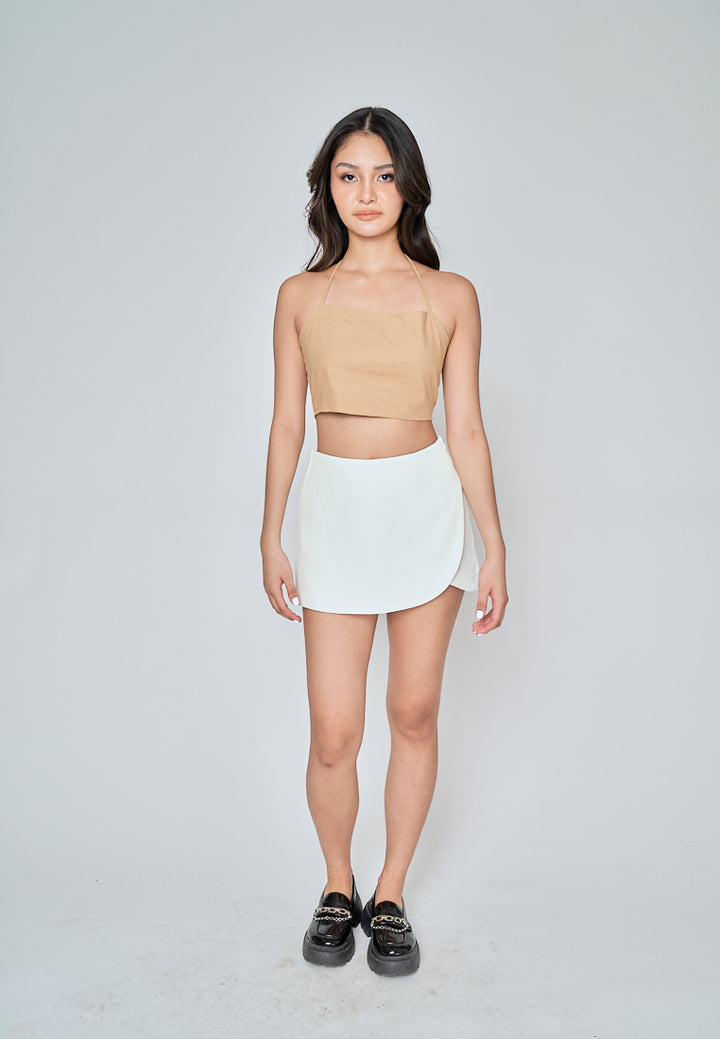 Fumi Light Brown Linen Sleeveless Self Tie Strap Zipper Back Top
