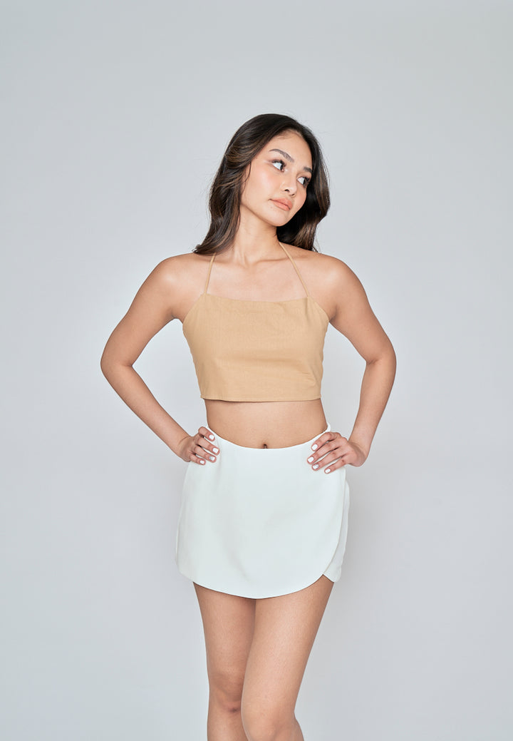 Fumi Light Brown Linen Sleeveless Self Tie Strap Zipper Back Top