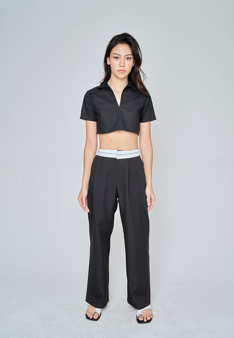 Kashira Black Linen Collared V Neck Short Sleeves Crop Top