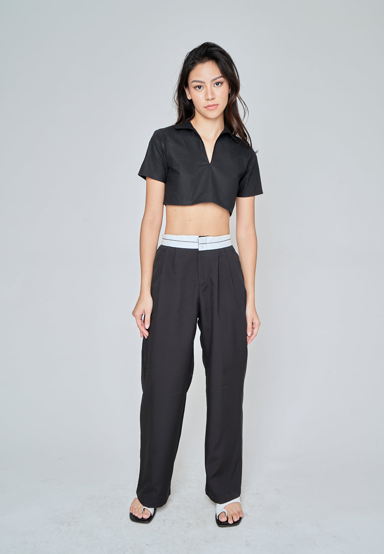 Kashira Black Linen Collared V Neck Short Sleeves Crop Top