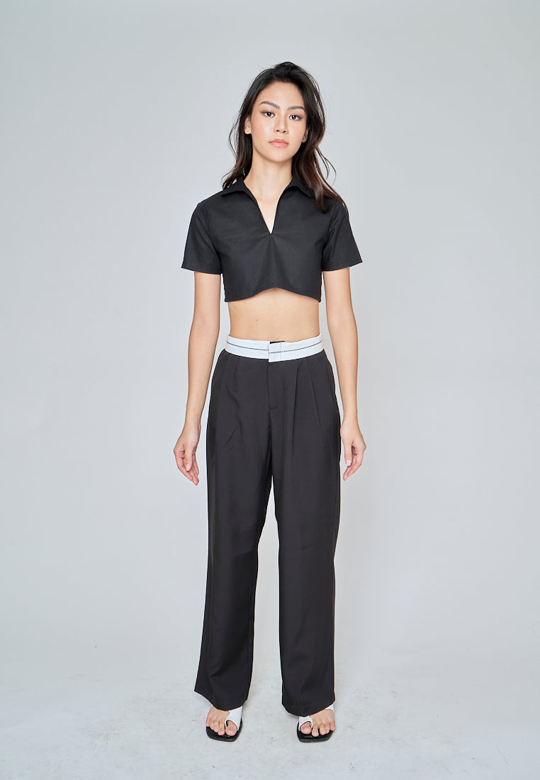 Kashira Black Linen Collared V Neck Short Sleeves Crop Top