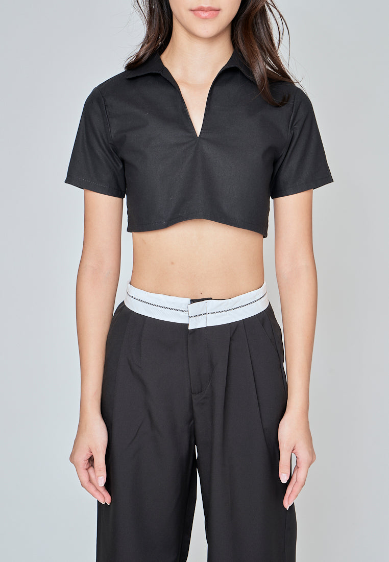 Kashira Black Linen Collared V Neck Short Sleeves Crop Top