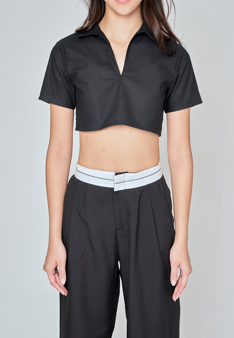 Kashira Black Linen Collared V Neck Short Sleeves Crop Top