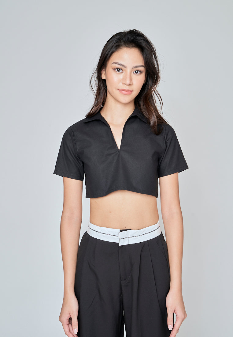Kashira Black Linen Collared V Neck Short Sleeves Crop Top
