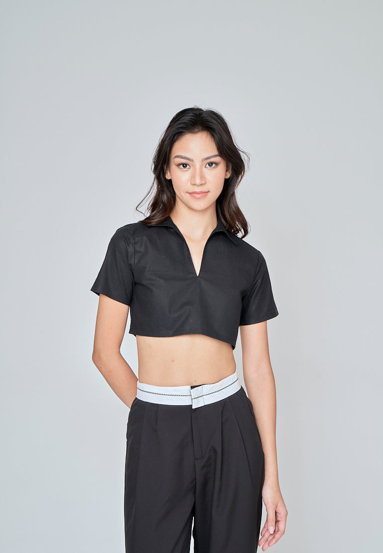 Kashira Black Linen Collared V Neck Short Sleeves Crop Top